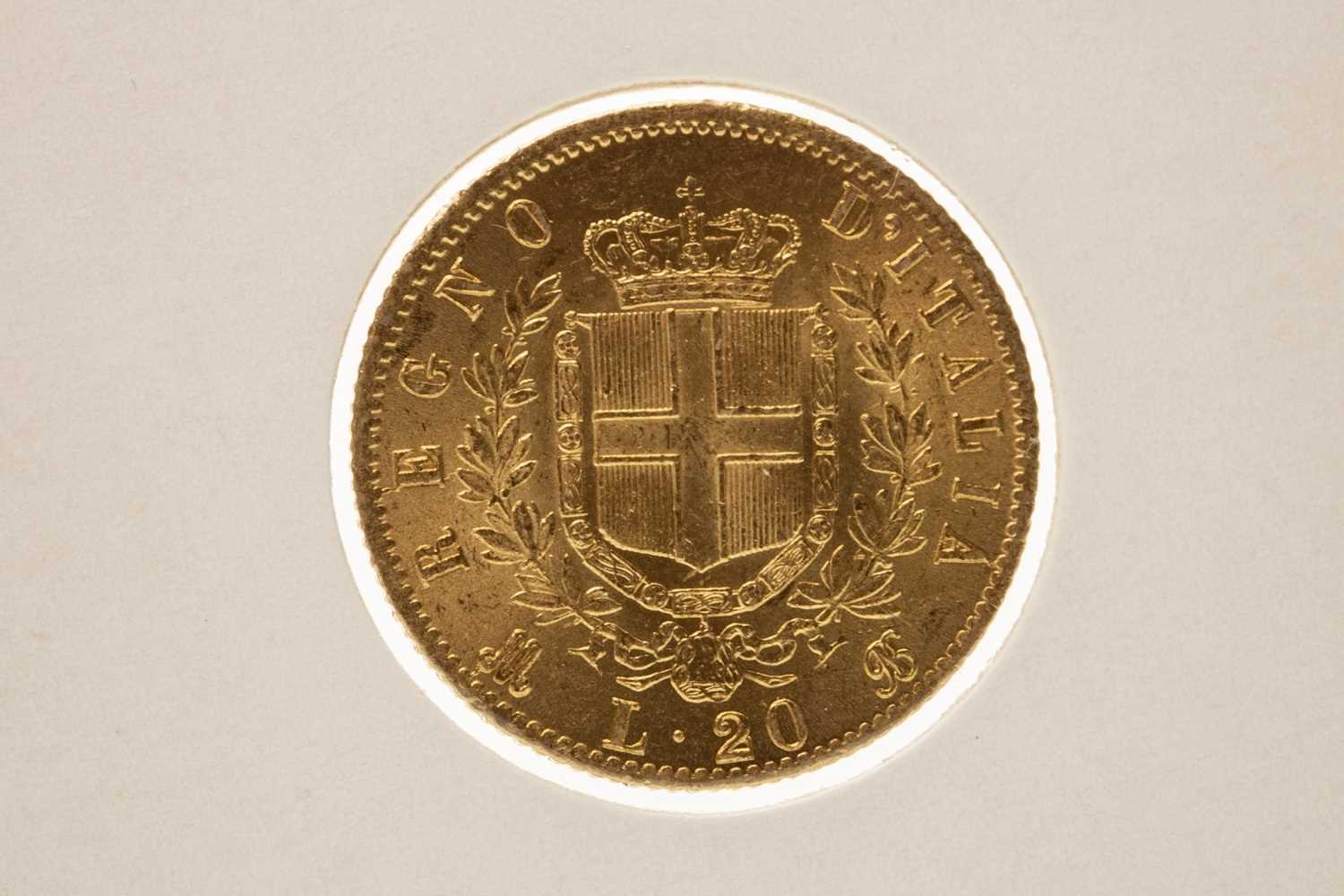 Lot 579 - A GOLD 20 LIRE COIN, 1873