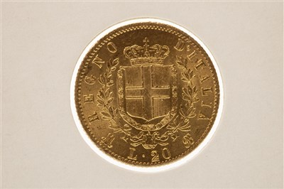Lot 579 - A GOLD 20 LIRE COIN, 1873