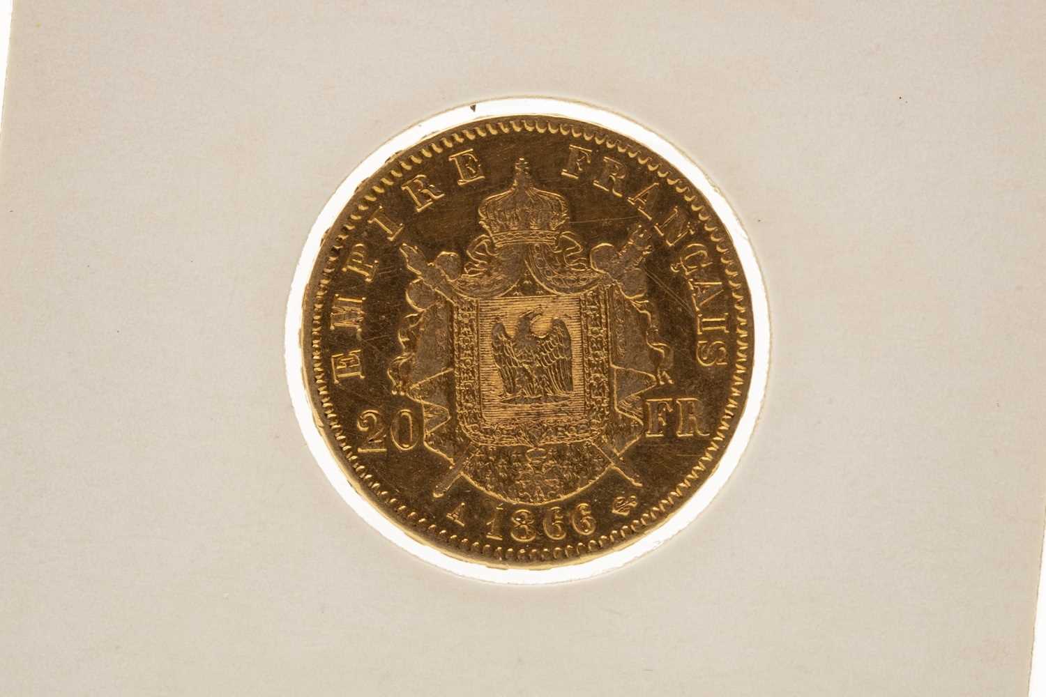 Lot 586 - A GOLD 20 FRANC COIN, 1866
