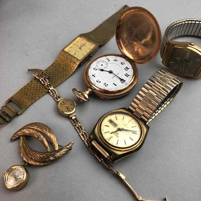 Lot 12 - A LOT OF FOUR WRIST WATCHES, A POCKET WATCH AND A BROOCH WATCH