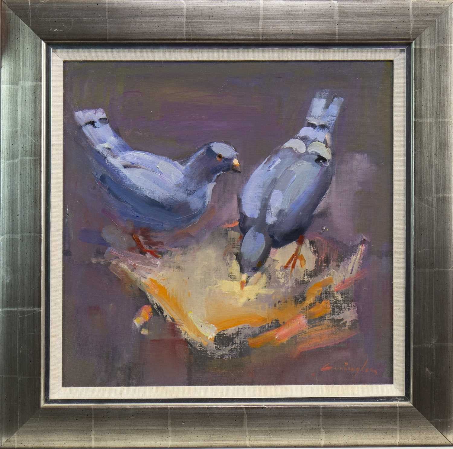 Lot 532 - TWO PIGEONS AND A PIZZA, AN OIL BY JOHN CUNNINGHAM