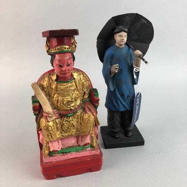 Lot 37 - A LOT OF TWO 20TH CENTURY CHINESE PAINTED CARVED WOOD FIGURES