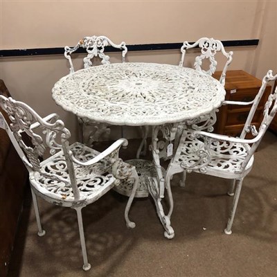 Lot 268 - A PAINTED WROUGHT IRON TABLE AND FOUR CHAIRS