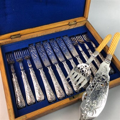 Lot 38 - A SILVER PLATED TEA SERVICE AND FISH CUTLERY