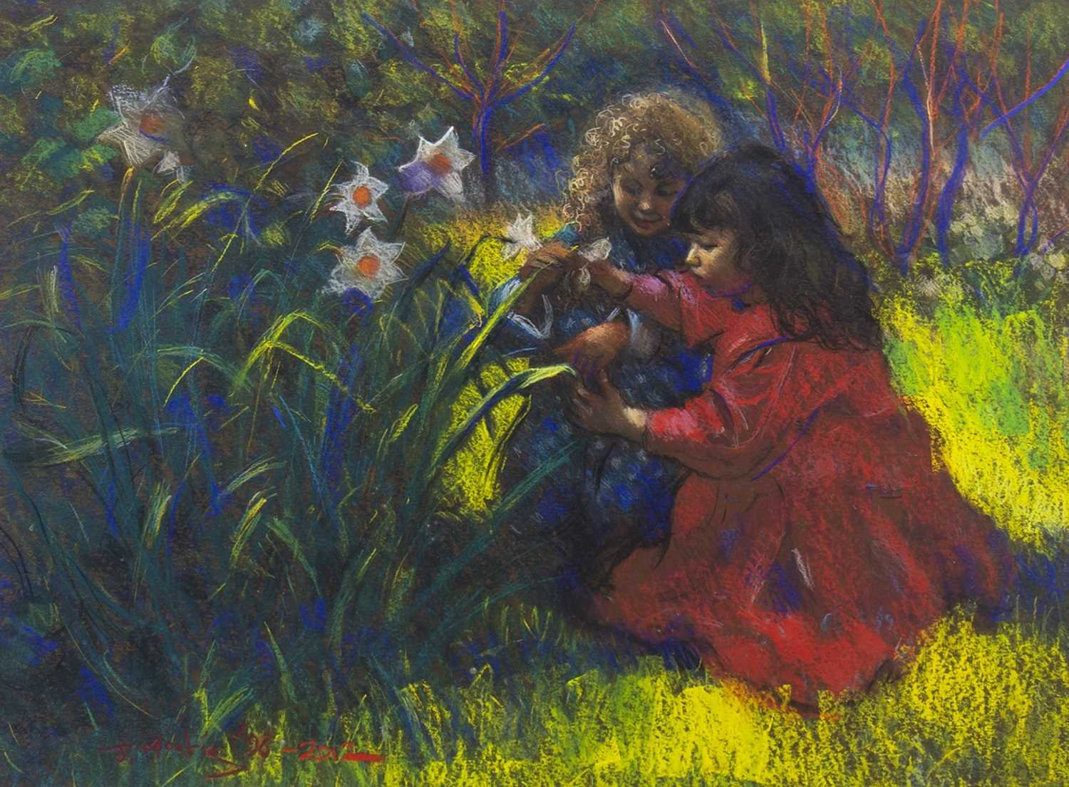 Lot 665 - TWO GIRLS PICKING FLOWERS, A PASTEL BY JOHN MACKIE