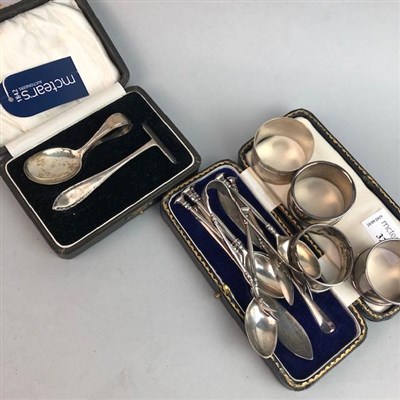 Lot 320 - A SILVER SPOON AND PUSH, TEASPOONS, TONGS AND NAPKIN RINGS