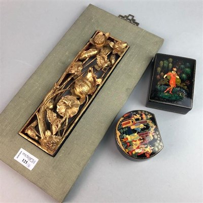 Lot 125 - A SMALL CHINESE GILTWOOD PANEL AND TWO RUSSIAN BOXES