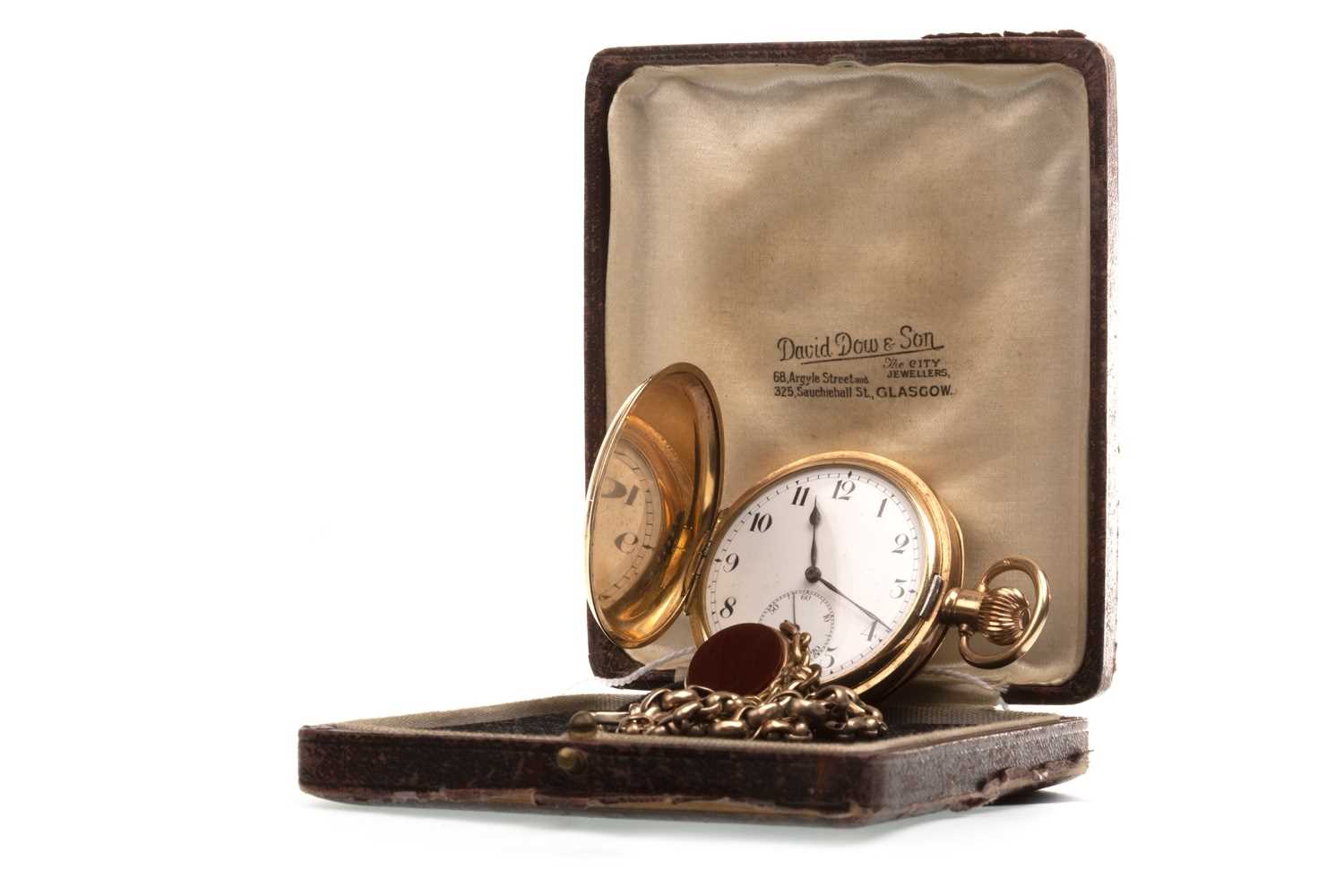 Lot 783 - A GOLD PLATED FULL HUNTER POCKET WATCH AND CHAIN