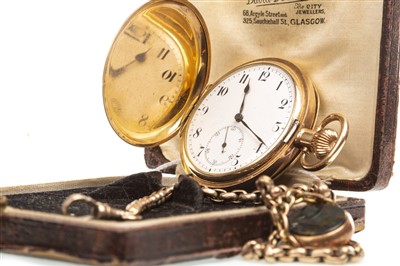 Lot 783 - A GOLD PLATED FULL HUNTER POCKET WATCH AND CHAIN