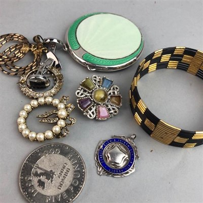 Lot 214 - A SILVER GUILLOCHE ENAMEL COMPACT, A MEDAL AND JEWELLERY
