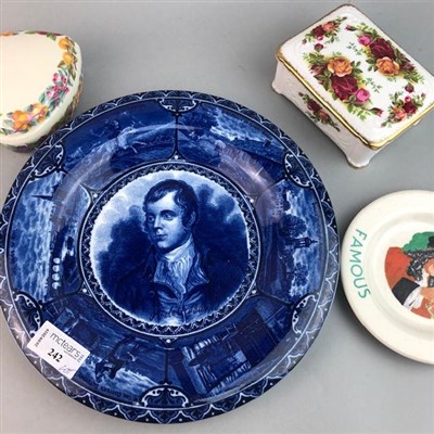 Lot 242 - A LOT OF ROBERT BURNS BLUE AND WHITE CIRCULAR PLATE AND OTHER CERAMICS AND GLASS