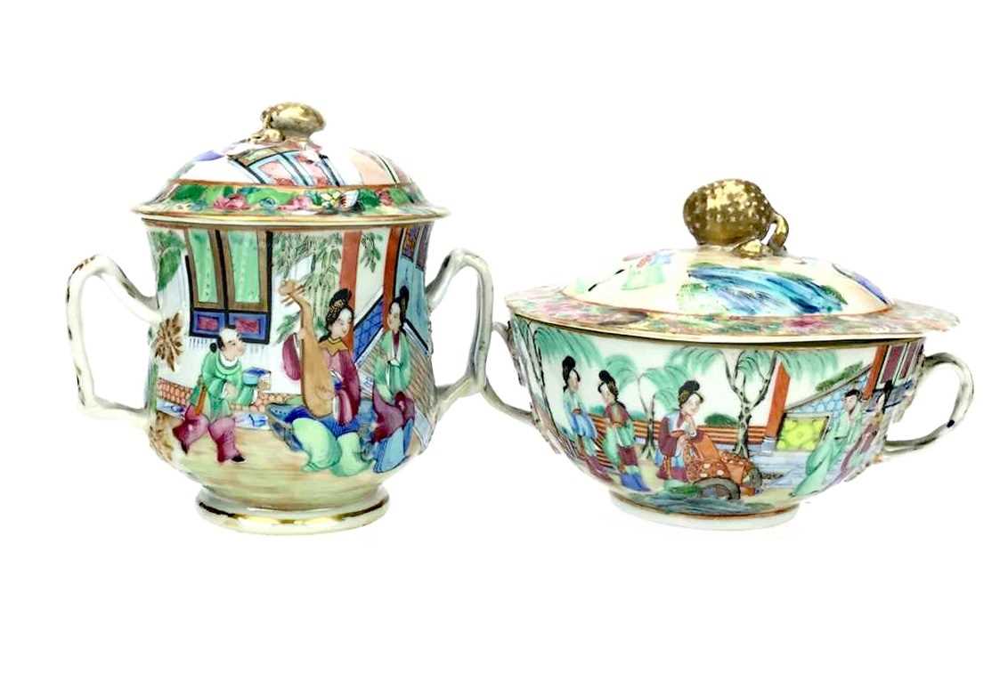 Lot 1055 - A LOT OF TWO CHINESE FAMILLE ROSE LIDDED POTS