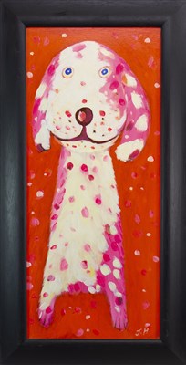 Lot 677 - PINK AND WHITE DOG, AN OIL BY J HARROLD