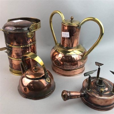 Lot 250 - A CYLINDRICAL COPPER JUG, TEA KETTLE AND VASE