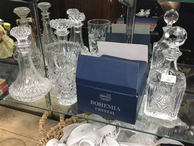 Lot 183 - A LOT OF FOUR CRYSTAL DECANTERS, A CRYSTAL VASE AND A BOHEMIA CRYSTAL BOWL