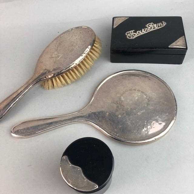 Lot 445 - A SILVER BRUSH, MIRROR AND TWO WOOD BOXES