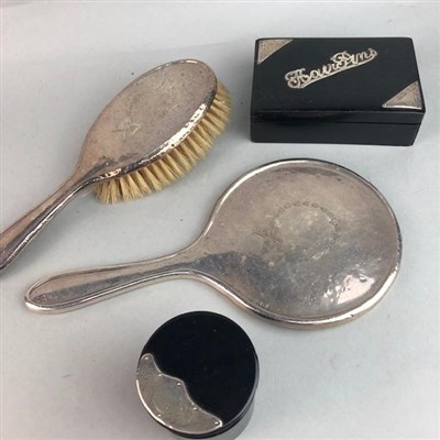 Lot 445 - A SILVER BRUSH, MIRROR AND TWO WOOD BOXES