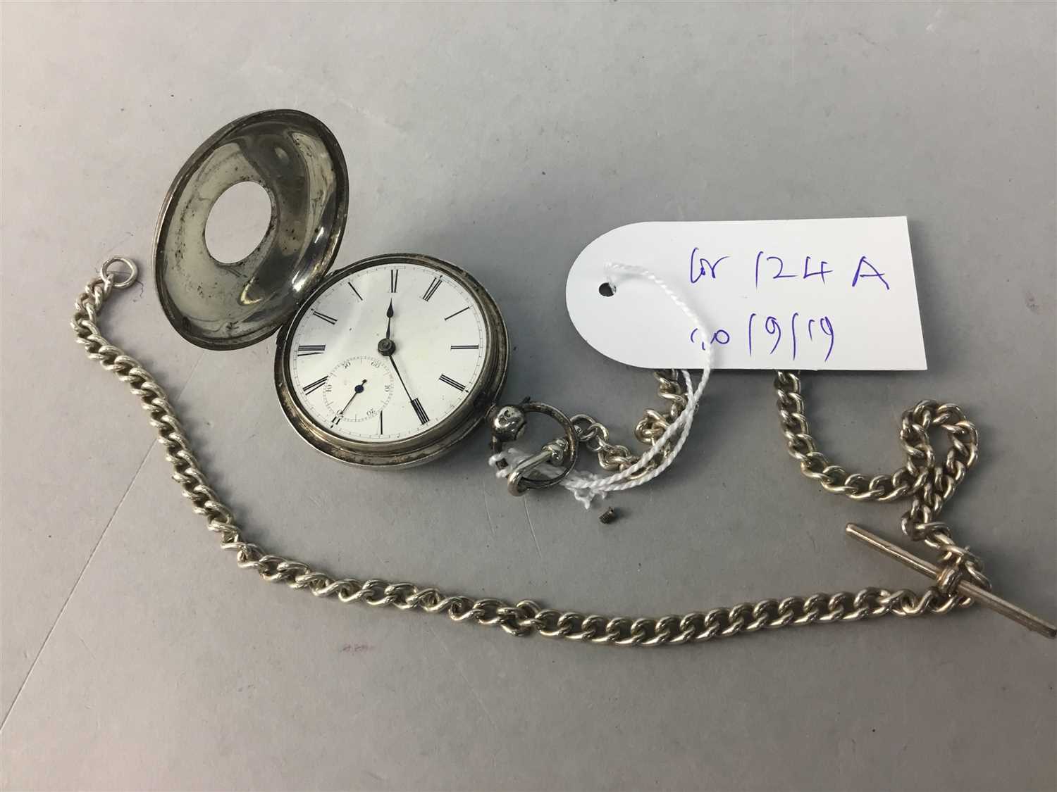 Lot 124 - A SILVER CASED KEY WIND POCKET WATCH WITH SILVER ALBERT