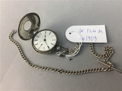 Lot 124A - A SILVER CASED KEY WIND POCKET WATCH WITH SILVER ALBERT
