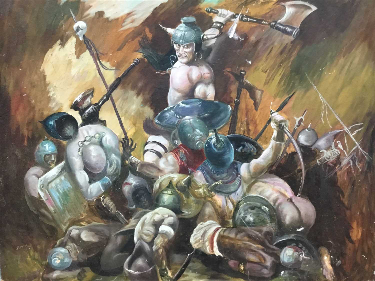 Lot 520 - AN OIL PAINTING OF NORSE WARRIORS