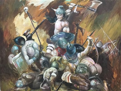 Lot 520 - AN OIL PAINTING OF NORSE WARRIORS