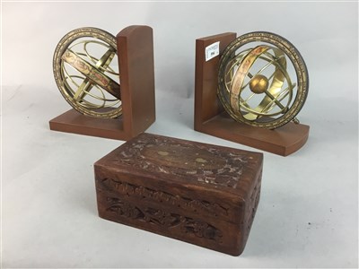 Lot 594 - A PAIR OF GLOBE BOOKENDS AND A JEWELLERY BOX