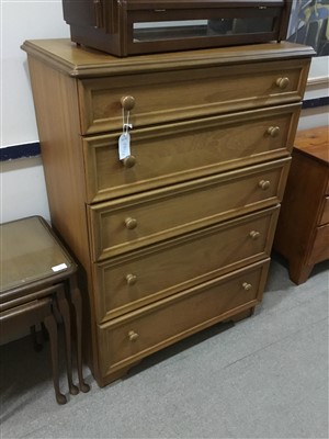 Lot 330 - A TEAK TELEVISION CABINET, CHEST OF DRAWERS AND A NEST OF THREE TABLES