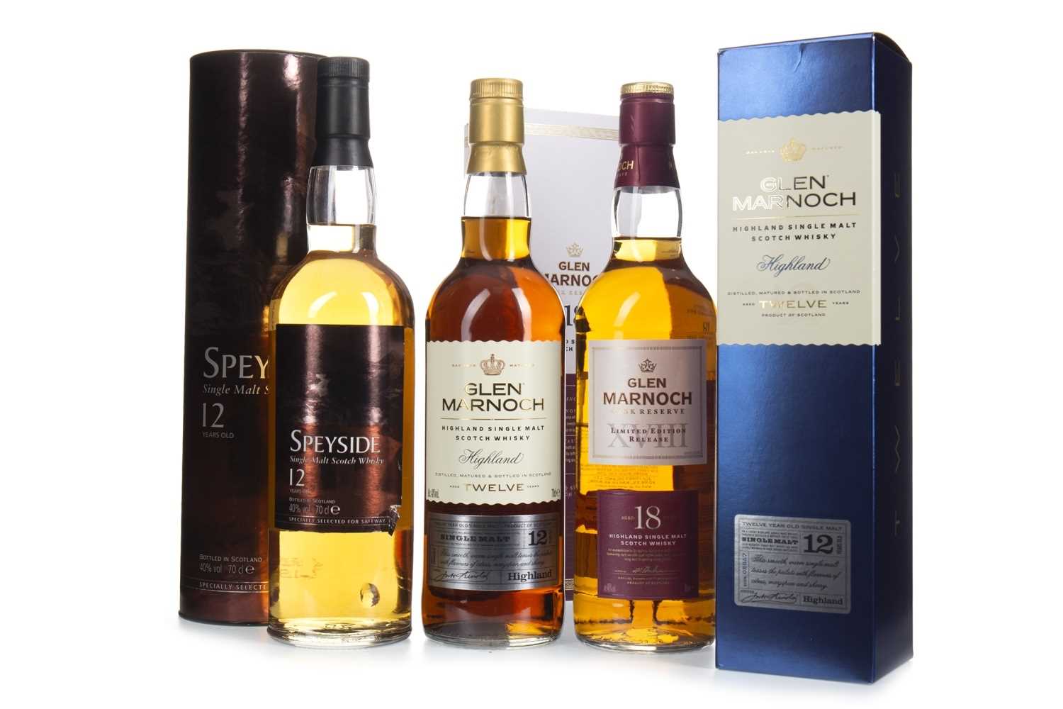 Lot 316 - GLEN MARNOCH AGED 18 YEARS, GLEN MARNOCH AGED 12 YEARS AND SPEYSIDE 12 YEARS OLD