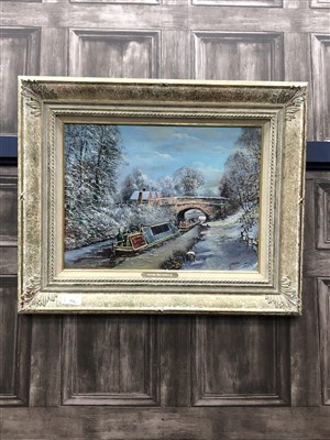 Lot 551 - CANAL BOAT SCENES, A PAIR OF OILS BY PETER BRADSHAW