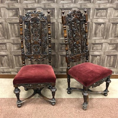 Lot 1677 - A PAIR OF CARVED WALNUT HIGH BACK CHAIRS