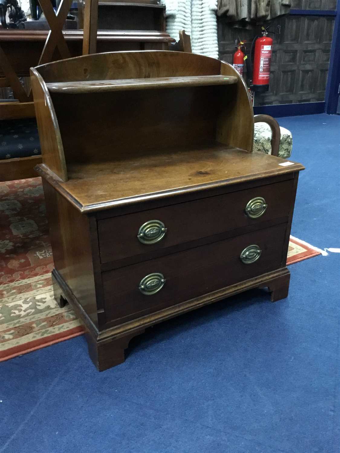 Lot 342 - A MAHOGANY DWARF TWO DRAWER CHEST, AN OCCASIONAL TABLE AND A STOOL