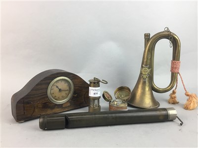 Lot 577 - A MINIATURE MINER'S LAMP, INKWELL, CLOCK, BUGLE AND FLUTE