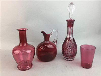Lot 272 - A VICTORIAN CRANBERRY GLASS CARAFE, GLASS AND TWO DECANTERS