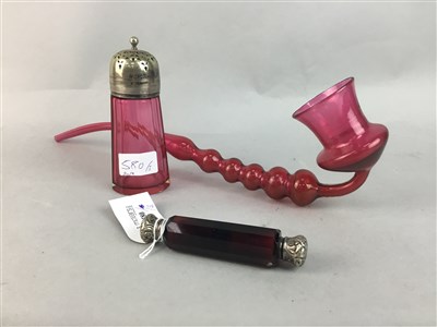Lot 580 - A VICTORIAN CRANBERRY GLASS SCENT BOTTLE, CASTER AND PIPE