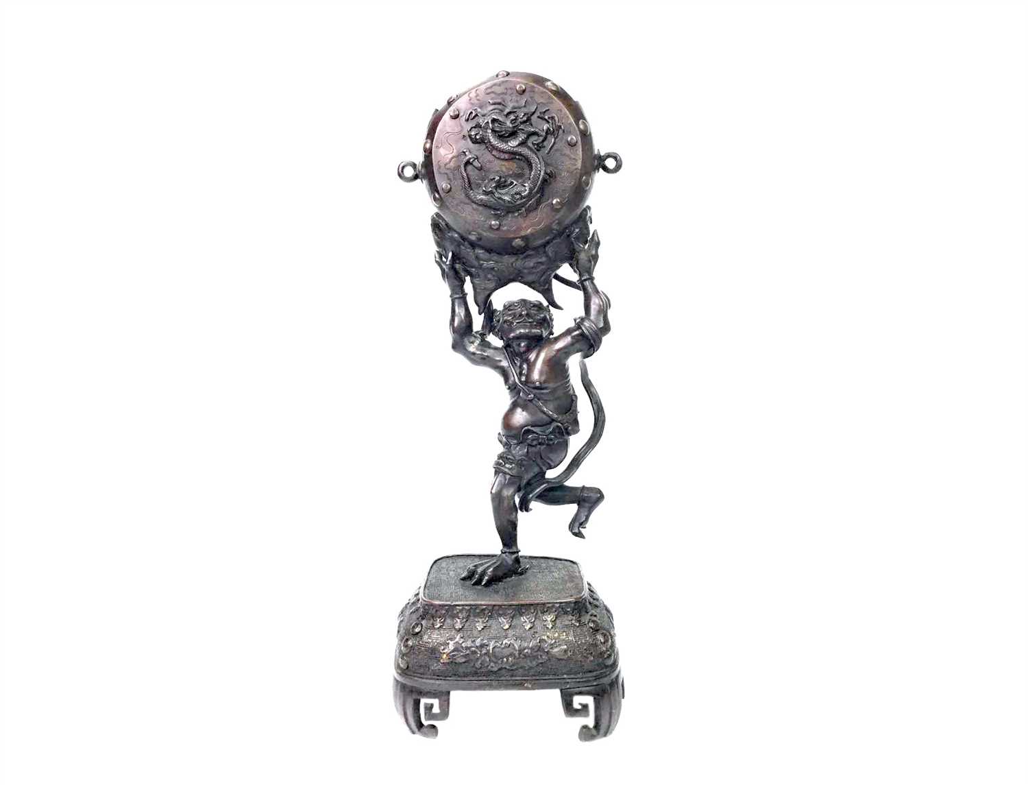 Lot 1116 - A LATE 19TH/EARLY 20TH CENTURY JAPANESE BRONZE MYTHICAL FIGURE