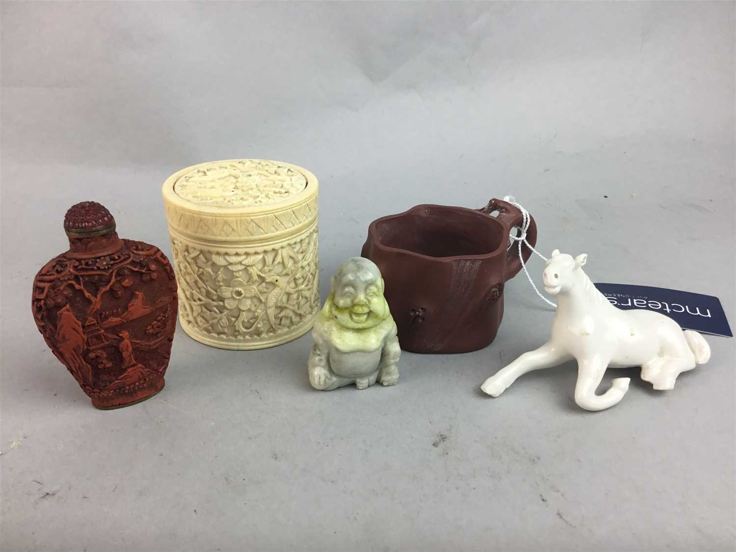 Lot 50 - AN IVORY BOX, CUP, BOTTLE, BUDDHA AND HORSE FIGURES