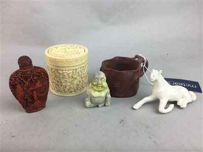 Lot 50A - AN IVORY BOX, CUP, BOTTLE, BUDDHA AND HORSE FIGURES
