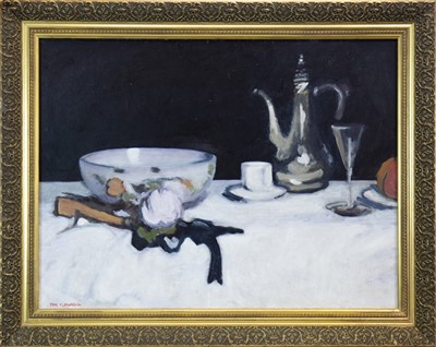 Lot 534 - STILL LIFE WITH A COFFEE POT, AN OIL BY TOM FLANAGAN
