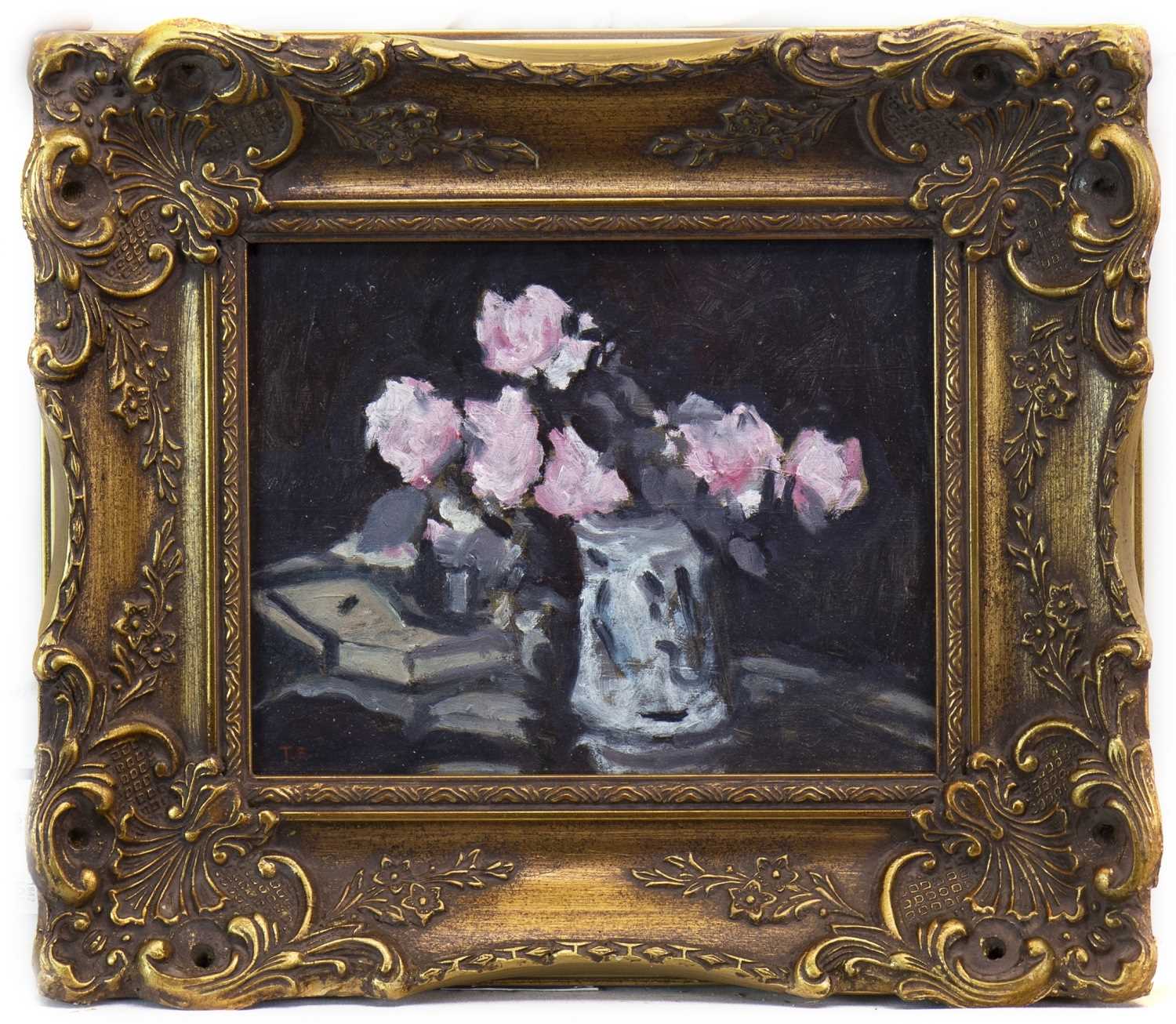 Lot 540 - STILL LIFE WITH PINK ROSES, AN OIL BY TOM FLANAGAN