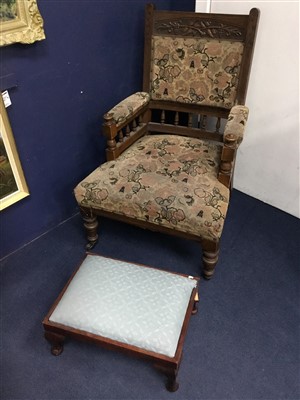 Lot 65 - A VICTORIAN CHAIR, STOOL AND A MIRROR