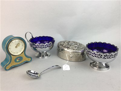 Lot 55 - AN EMBOSSED WHITE METAL OVAL LIDDED BOX AND OTHER ITEMS