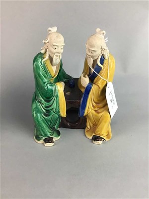 Lot 40 - A 20TH CENTURY CHINESE FIGURE OF A FEMALE AND A FIGURE GROUP OF TWO SCHOLARS