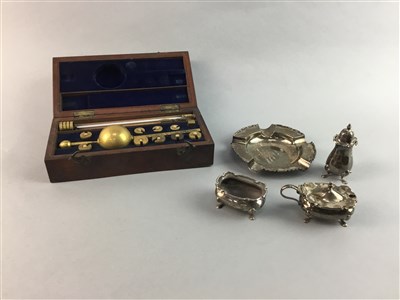 Lot 134 - A SILVER CONDIMENT SET, HYDROMETER AND A TRAY