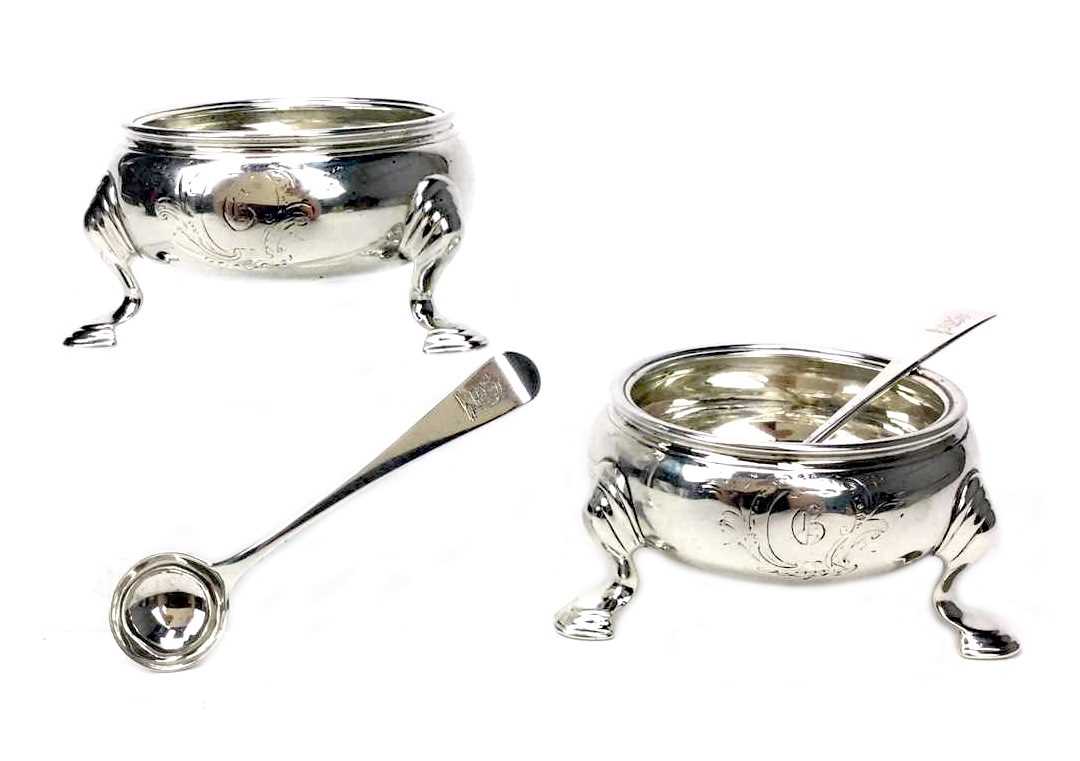 Lot 938 - A PAIR OF GEORGE II SILVER SALT DISHES WITH SPOONS