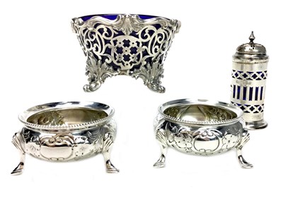 Lot 942 - AN EARLY 19TH CENTURY SILVER SALT WITH A PAIR OF SALTS AND PEPPER POT