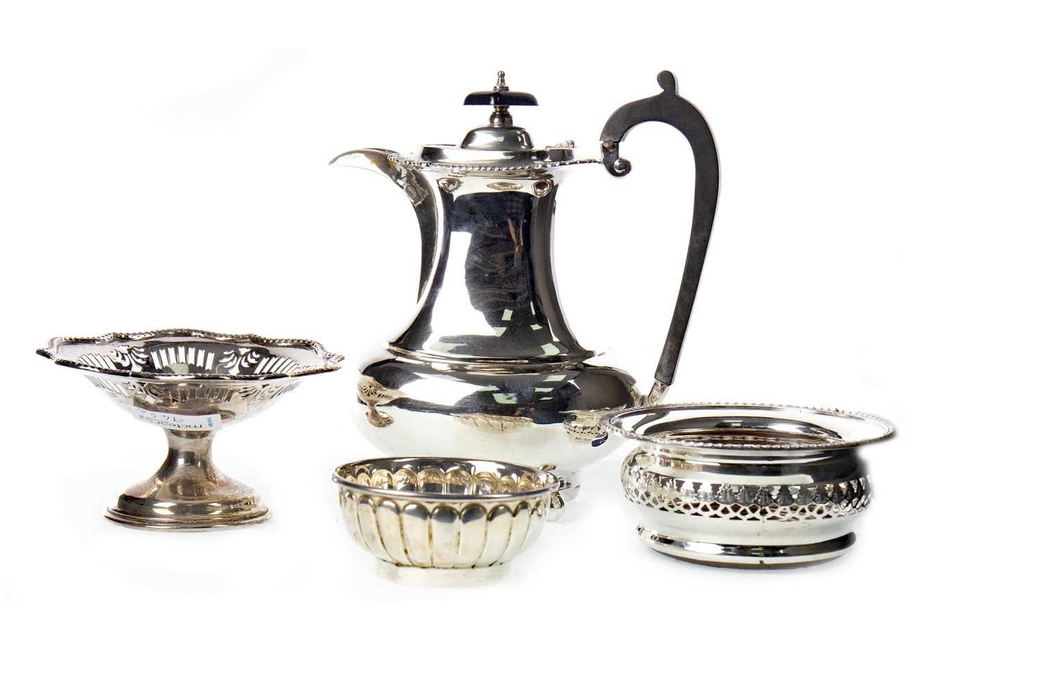 Lot 943 - EARLY 20TH CENTURY SILVER WATER JUG ALONG WITH A BONBON DISH, BOWL AND WINE SLIDE