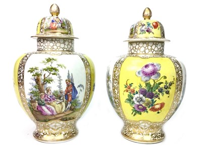Lot 1267 - A PAIR OF LATE 19TH CENTURY DRESDEN BALUSTER VASES AND COVERS
