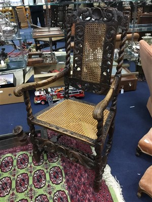Lot 98 - A VICTORIAN CARVED OAK OPEN ELBOW CHAIR