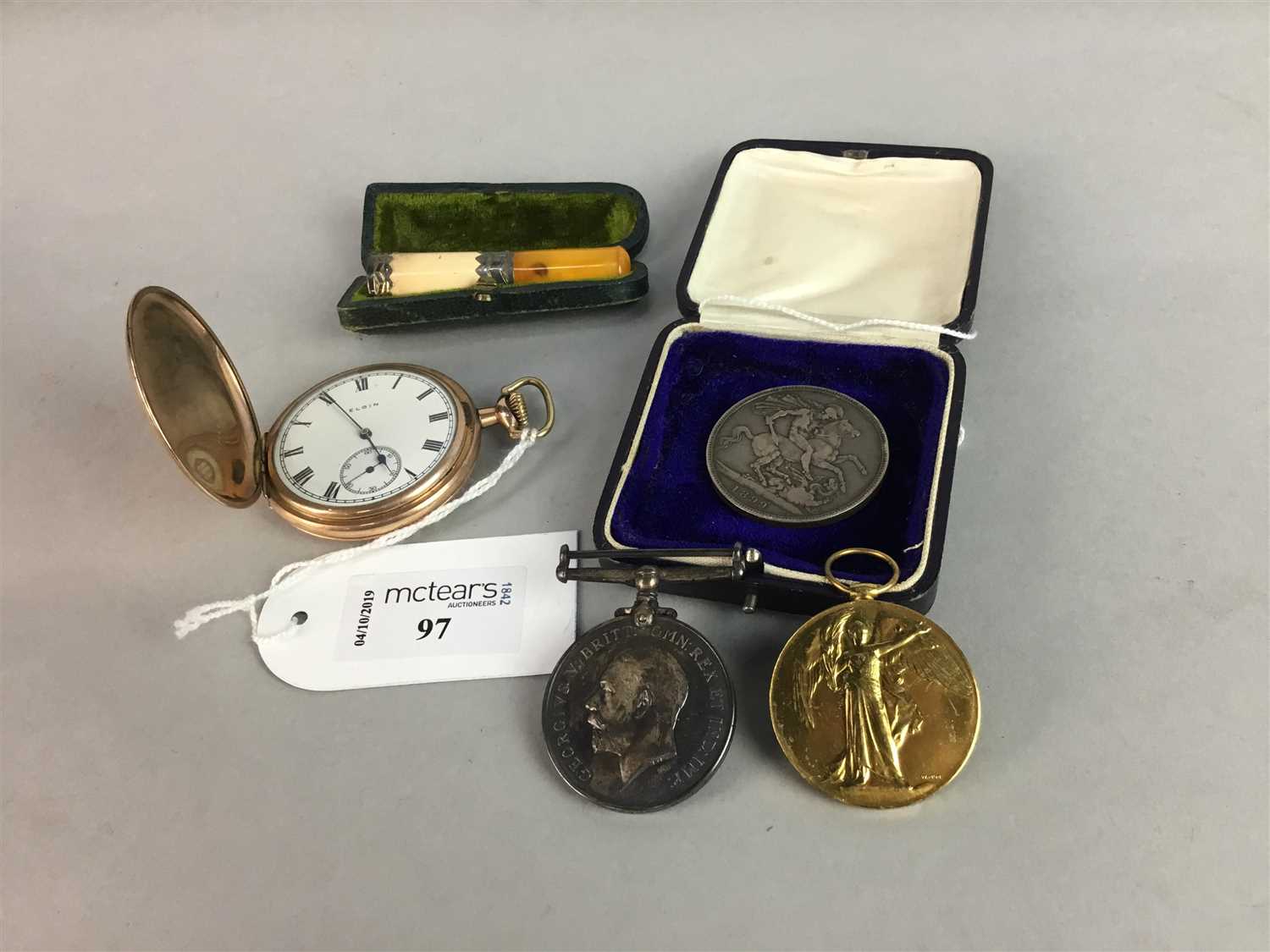 Lot 97 - A GOLD PLATED POCKET WATCH, A CASED CHEROOT, TWO SERVICE MEDALS AND A VICTORIAN CROWN