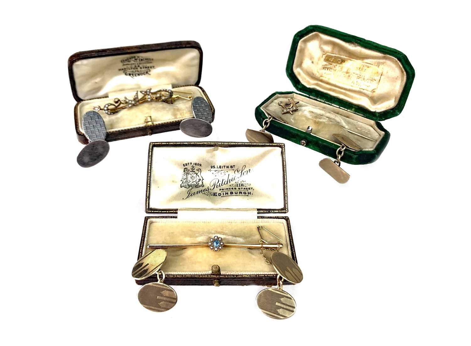 Lot 156 - THREE BROOCHES AND THREE PAIRS OF CUFF LINKS